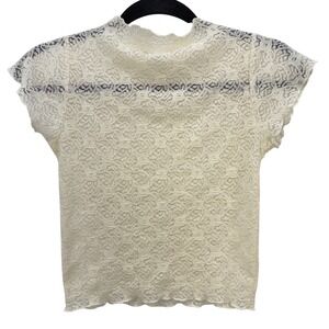 Sheer Floral Lace Ivory M Crop Top Short Sleeve Fairycore Mock Neck Coquette